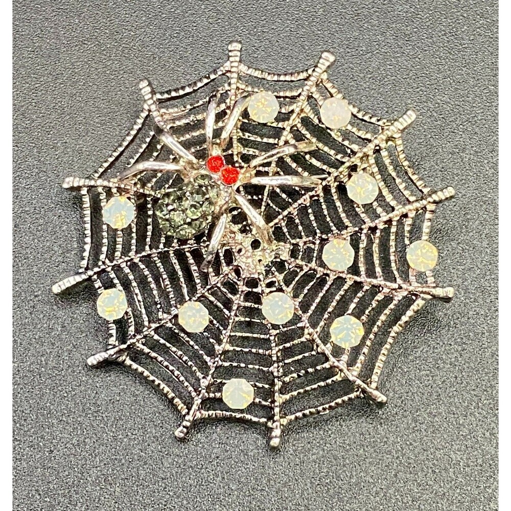 Vintage Rhinestone Spider Web Brooch Crystal Pendant Pin